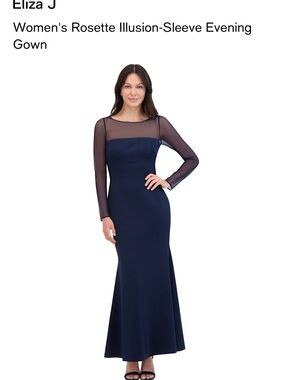 Eliza J Navy Long-Sleeve Illusion Evening Gown NWT